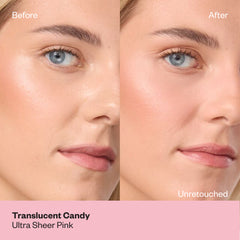 "Before" and "After" side-by-side comparison of a model using "Translucent Candy Ultra Sheer Pink" loose powder to achieve a smooth, blurred finish.