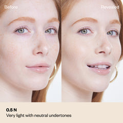 Shade 0.5 N: A "Before and After" comparison of a model with a very fair complexion and red hair.The shade is Very light with neutral undertones.