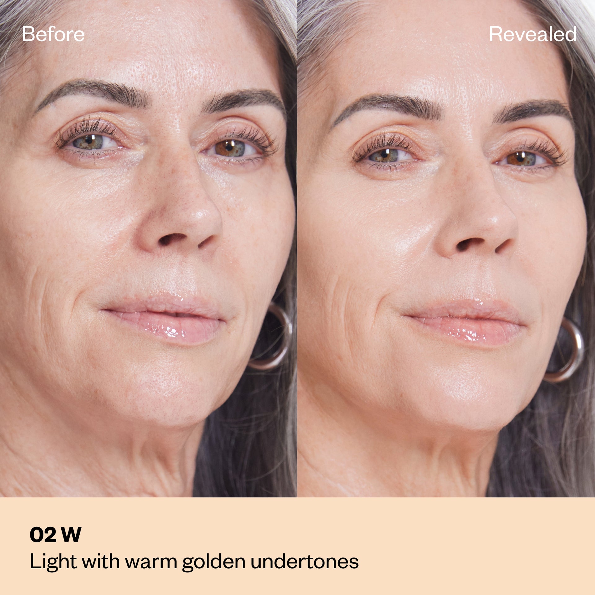 Shade 1.7 W: A "Before" and "Revealed" comparison of a model with a light, mature complexion.The shade is Light with warm golden undertones.