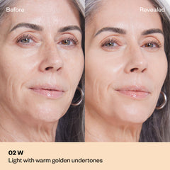 Shade 1.7 W: A "Before" and "Revealed" comparison of a model with a light, mature complexion.The shade is Light with warm golden undertones.