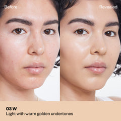 Shade 03 W: A "Before" and "Revealed" comparison of a model with a light-medium complexion. The text identifies the shade as Light with warm golden undertones.