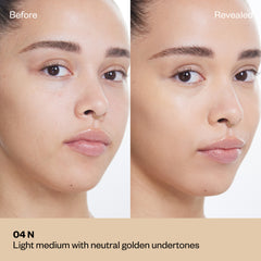 Shade 04 N: A "Before" and "Revealed" comparison of a model with a light-medium complexion.The shade is Light medium with neutral golden undertones.