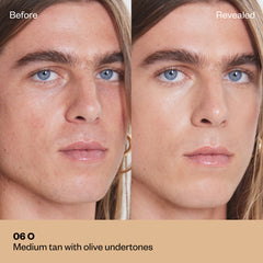 Shade 06 O: A "Before" and "Revealed" comparison of a model with a medium-tan complexion.The shade is Medium tan with olive undertones.