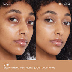 Shade 07 N: A "Before" and "Revealed" comparison of a model with a medium-deep complexion and dark, curly hair. The text describes the shade as Medium deep with neutral golden undertones.