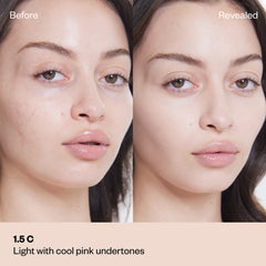 Shade 1.5 C: A "Before" and "Revealed" (after) comparison of a model with a light complexion.The shade is Light with cool pink undertones.