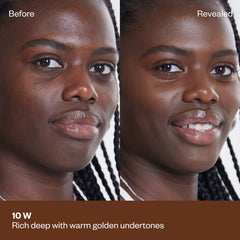 Shade 10 W: A "Before" and "Revealed" comparison of a model with a deep complexion and braided hair. The text identifies the shade as Rich deep with warm golden undertones.