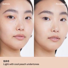 Shade 2.5 C: A "Before and After" comparison of a model with a light complexion.The shade is Light with cool peach undertones.