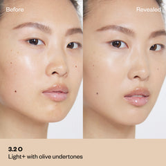 Shade 3.2 O: A "Before and After" comparison of a model with a light-medium complexion and golden tones.The shade is Light+ with olive undertones.