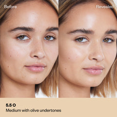 Shade 5.5 O: Side-by-side "Before" and "Revealed" photos of a model with a medium complexion; the text identifies the shade as Medium with olive undertones.
