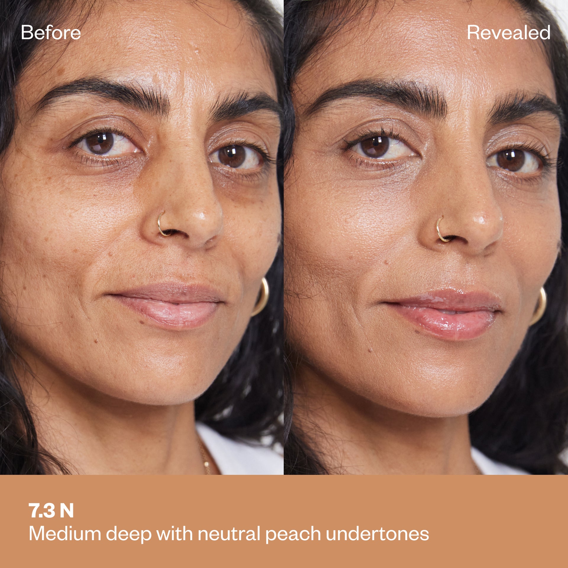Shade 7.3 N: A comparison of a model with a medium-deep complexion. The text identifies it as Medium deep with neutral peach undertones.