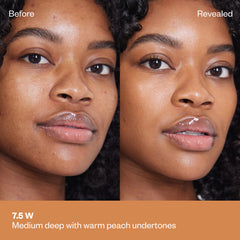 Shade 7.5 W: A comparison of a model with a medium-deep complexion. The text identifies this as Medium deep with warm peach undertones.