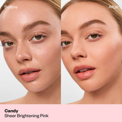 Model with light skin shown before and after applying "Candy," a sheer brightening pink shade, to the under-eye and cheek area.