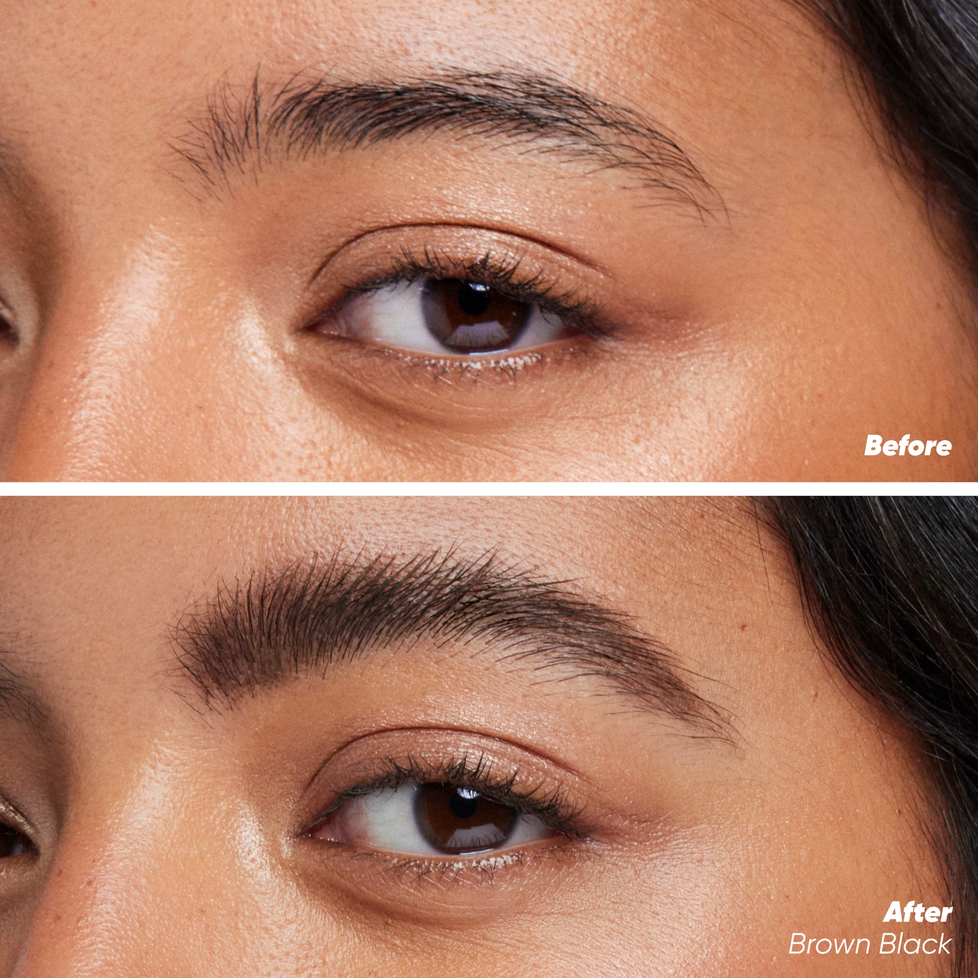 Before and after applying airbrow tinted in brown black