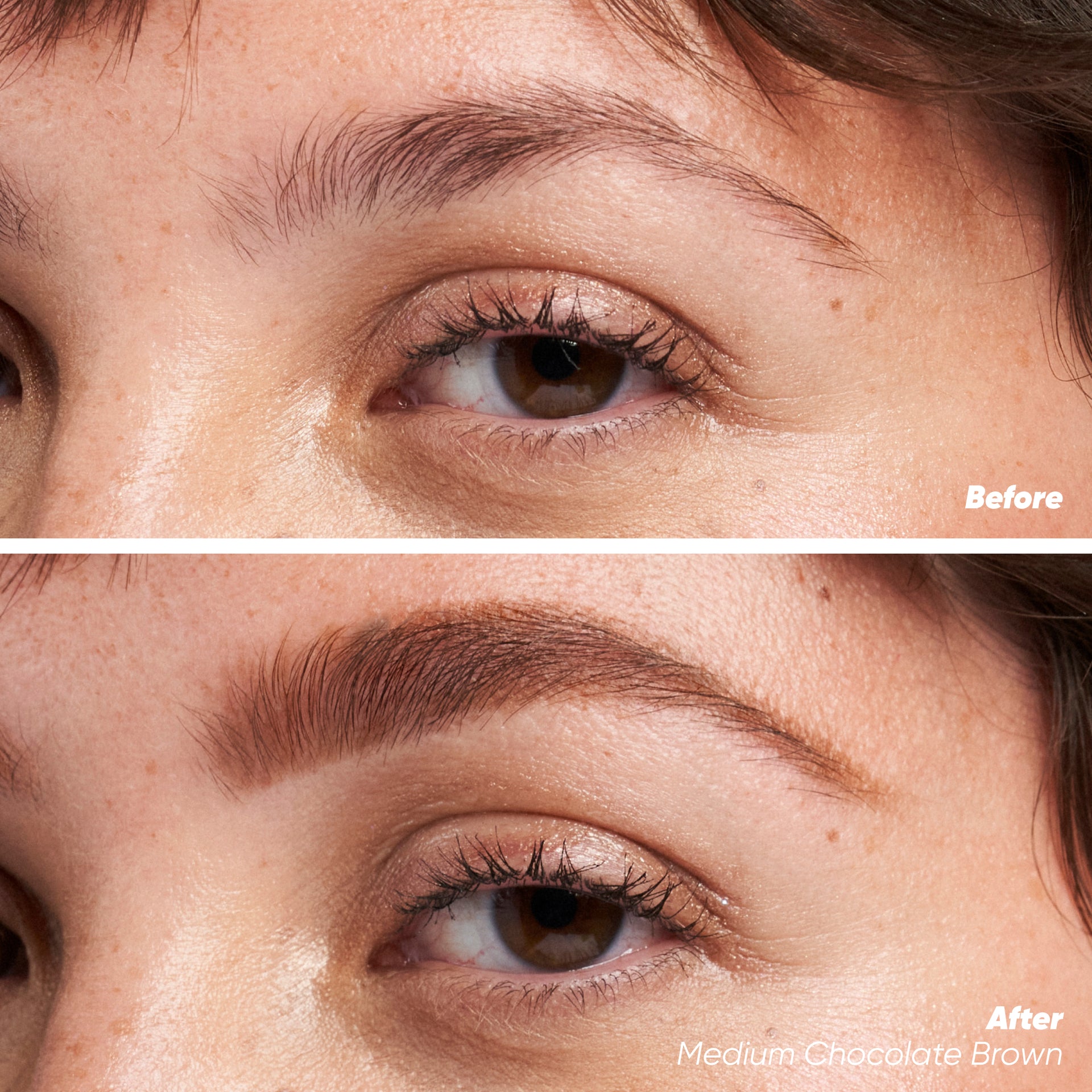 Before and after applying Brow Pop Dual-action in Medium Chocolate Brown