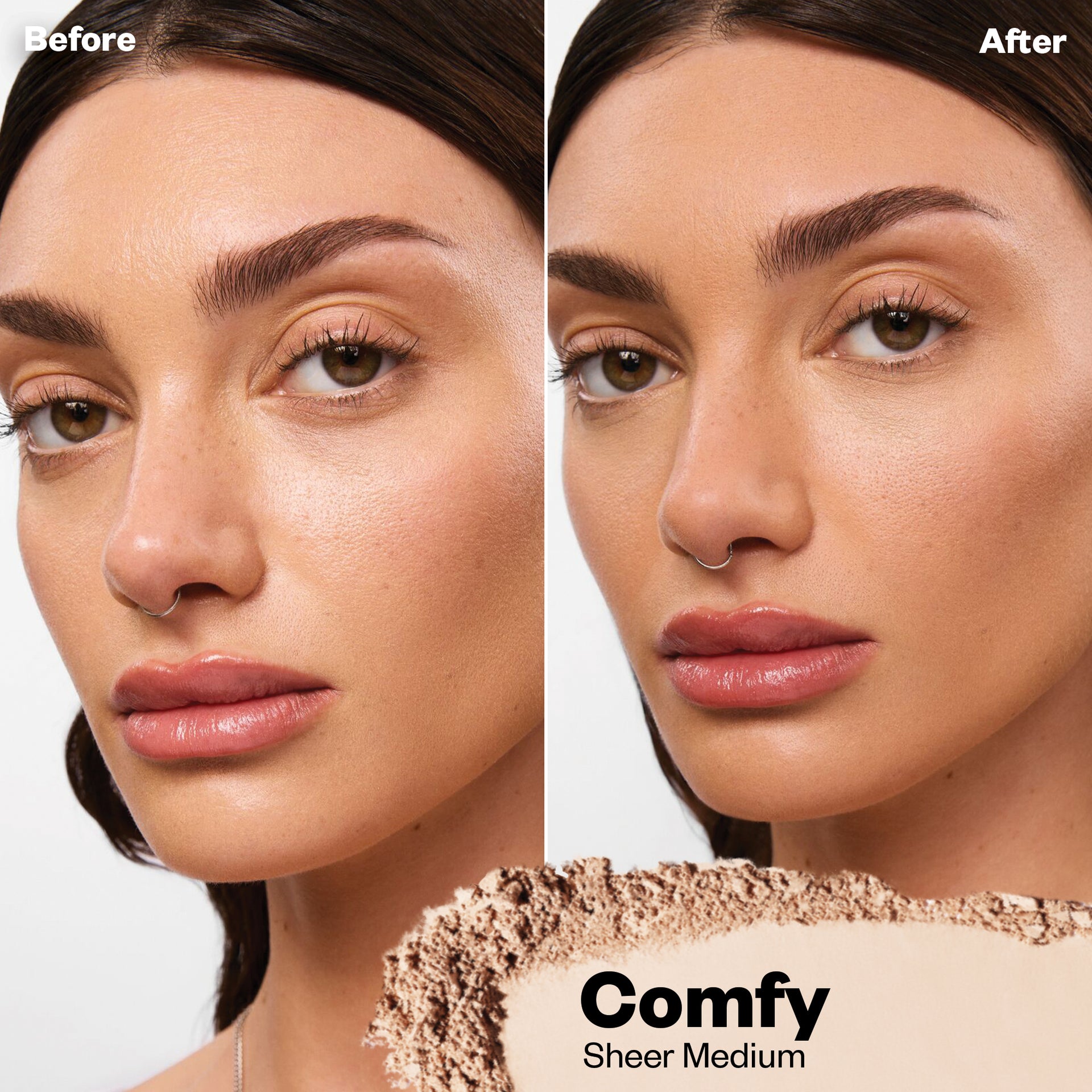 Before and after applying Cloud Set powder in Comfy
