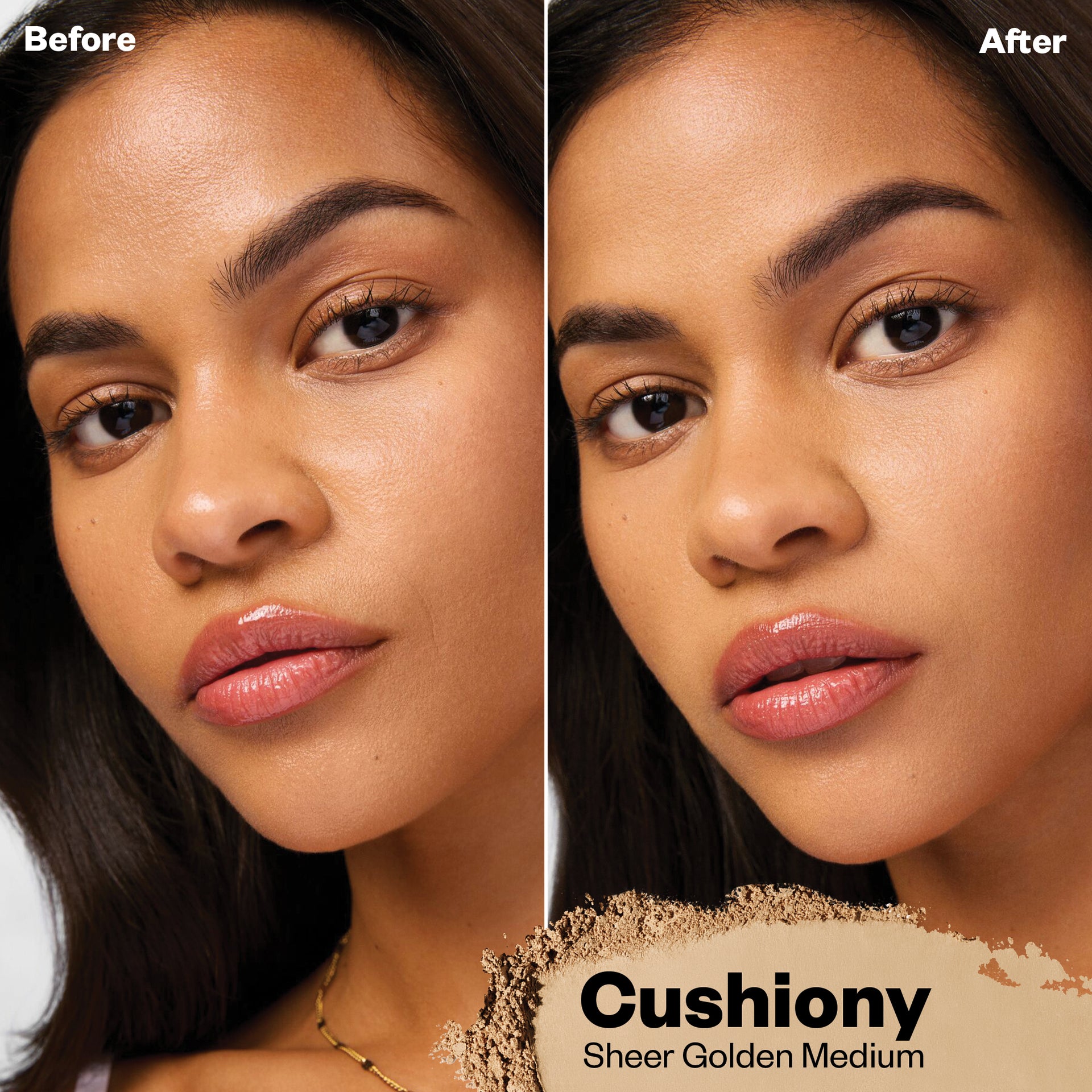 Before and after applying Cloud Set powder in Cushiony