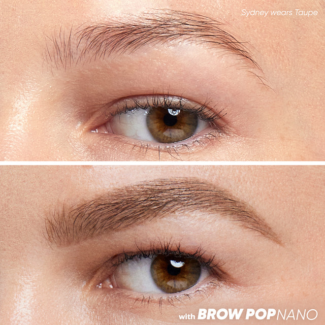 Model wearing Brow Pop Nano in Taupe