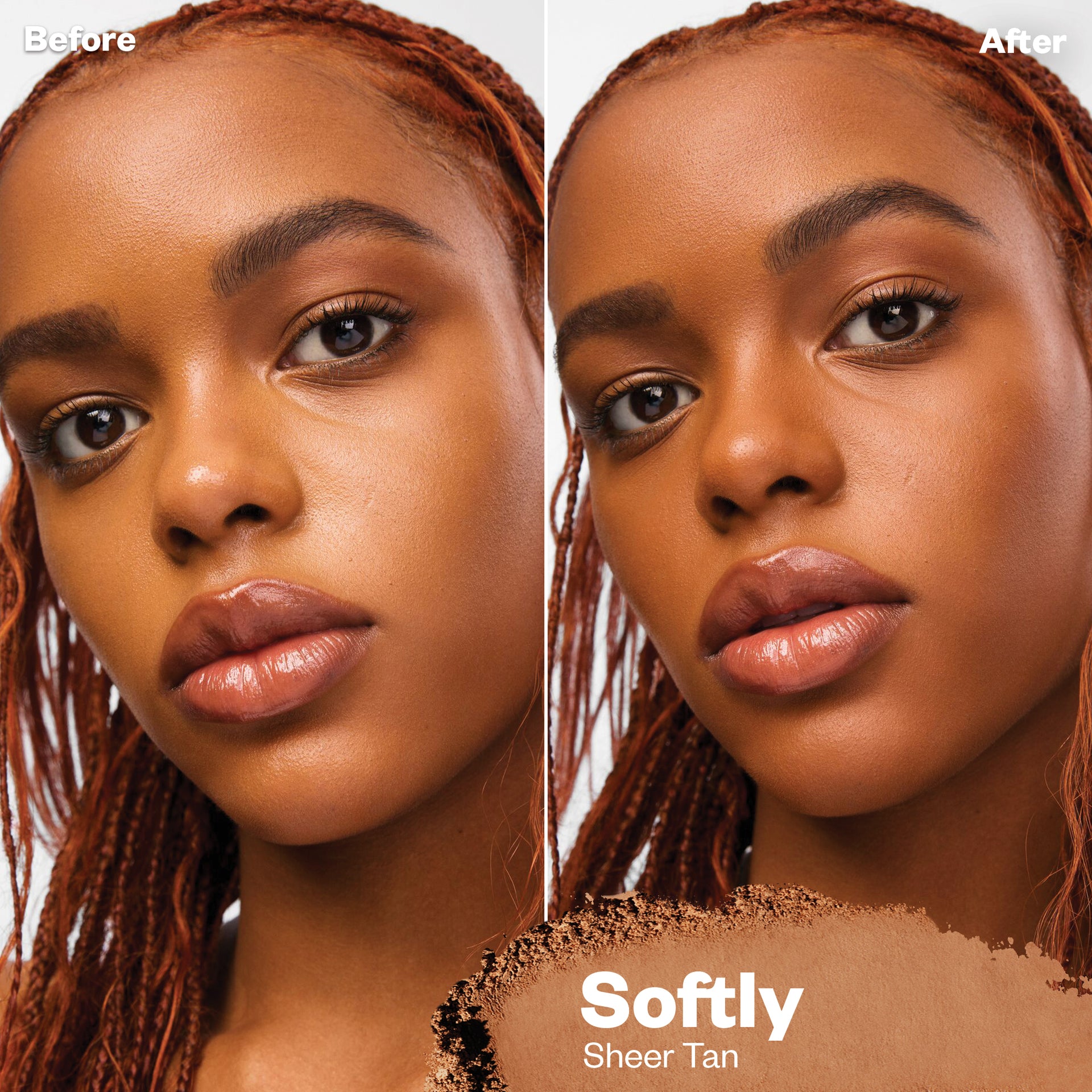 Before and after applying Cloud Set powder in Softly