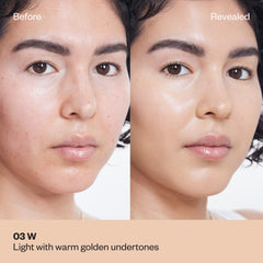 Model with light skin and warm golden undertones shown before and after using concealer shade 03 W.