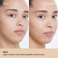 Before and after application of Reveal Concealer shade 04 N on light-medium skin with neutral golden undertones.