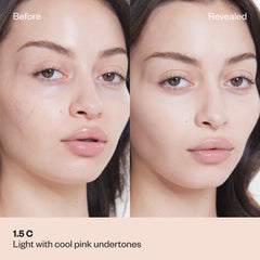 Before and after results of Reveal Concealer shade 1.5 C on light skin with cool pink undertones, showing improved brightness and coverage.