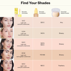 Reference chart for matching shades across Reveal Concealer, Foundation, and Baked Powder.