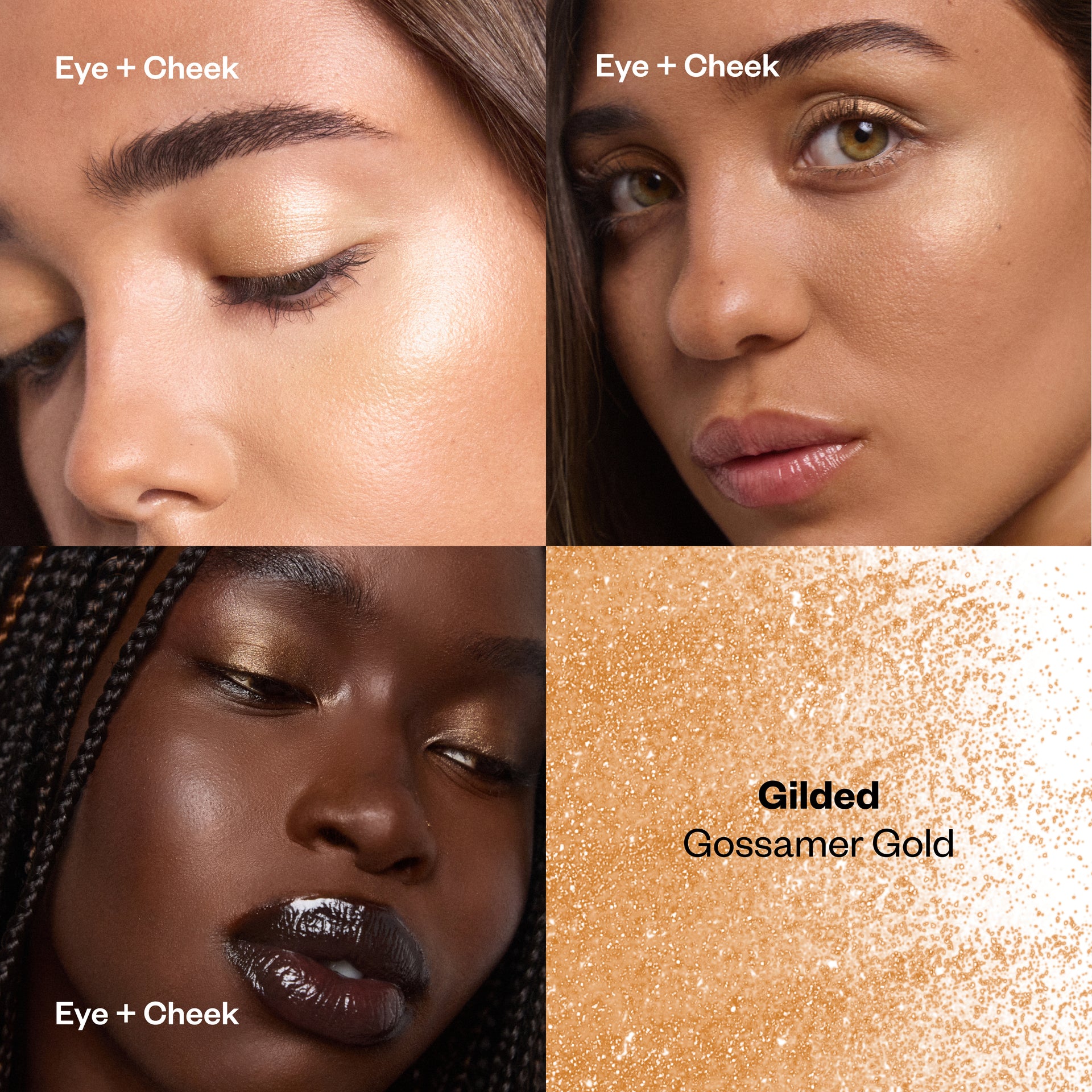 Shiny Objects in Gilded applied to eyes, cheeks, and as a full-face highlight.