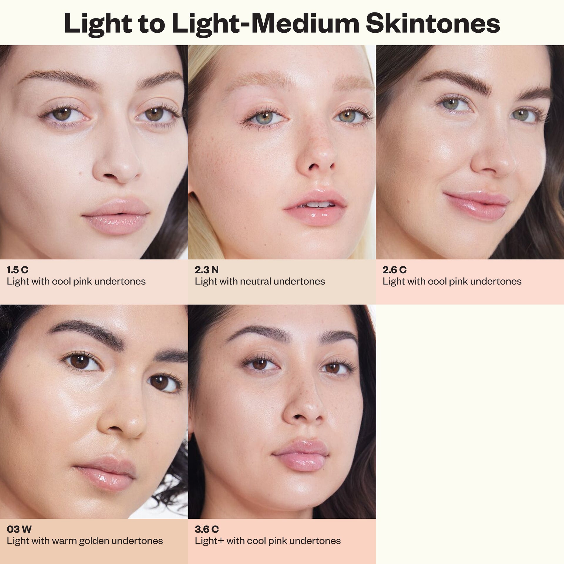 Light to light-medium revealer concealer shades applied to different models.