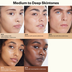 Medium to Deep concealer shades on various skin tones, including shades 5.5 N, 6.2 N, 06 O, 07 N, and 8.7 N.
